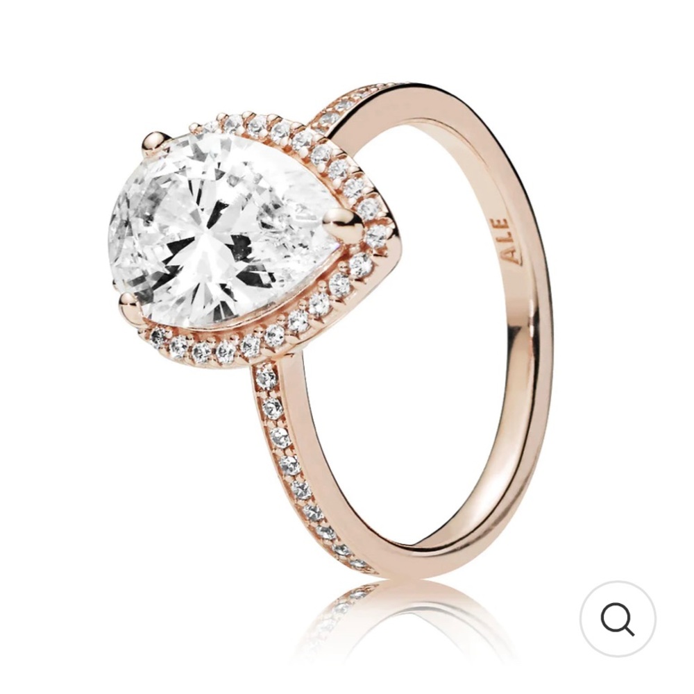 Pandora Rose Gold Size 5 Sparkling Teardrop Halo Ring with Wishbone Ring